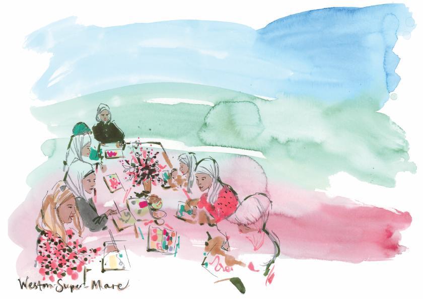 Painting of women doing art together at a table.